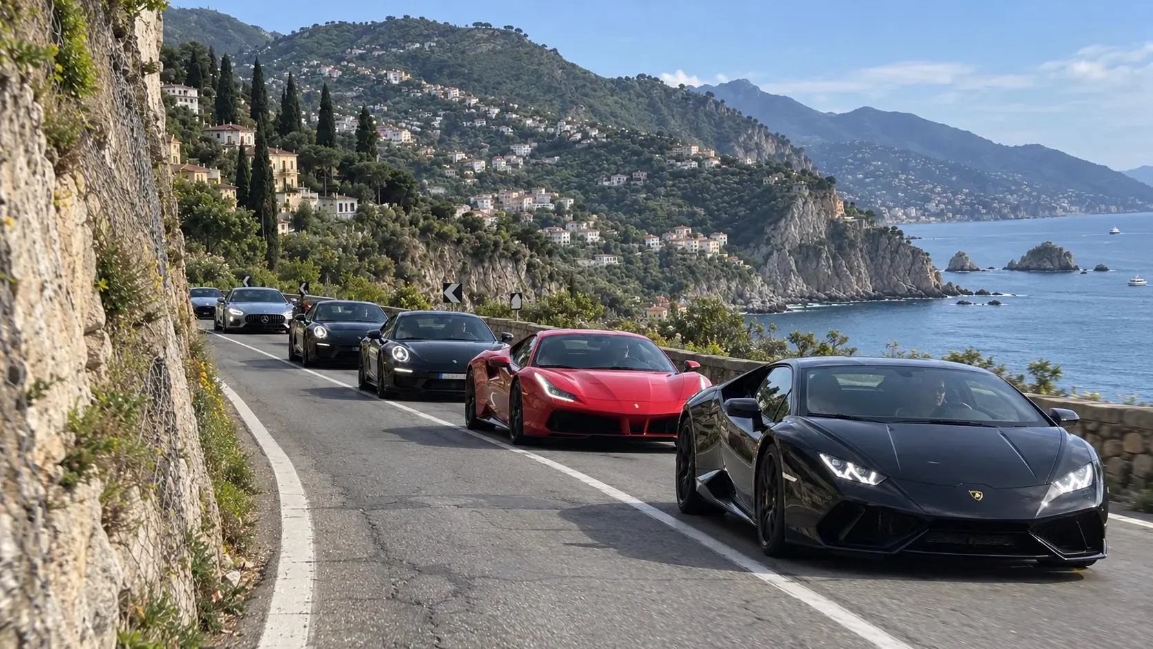 A group of sports cars driving along a winding coastal road above the sea on a clear day.