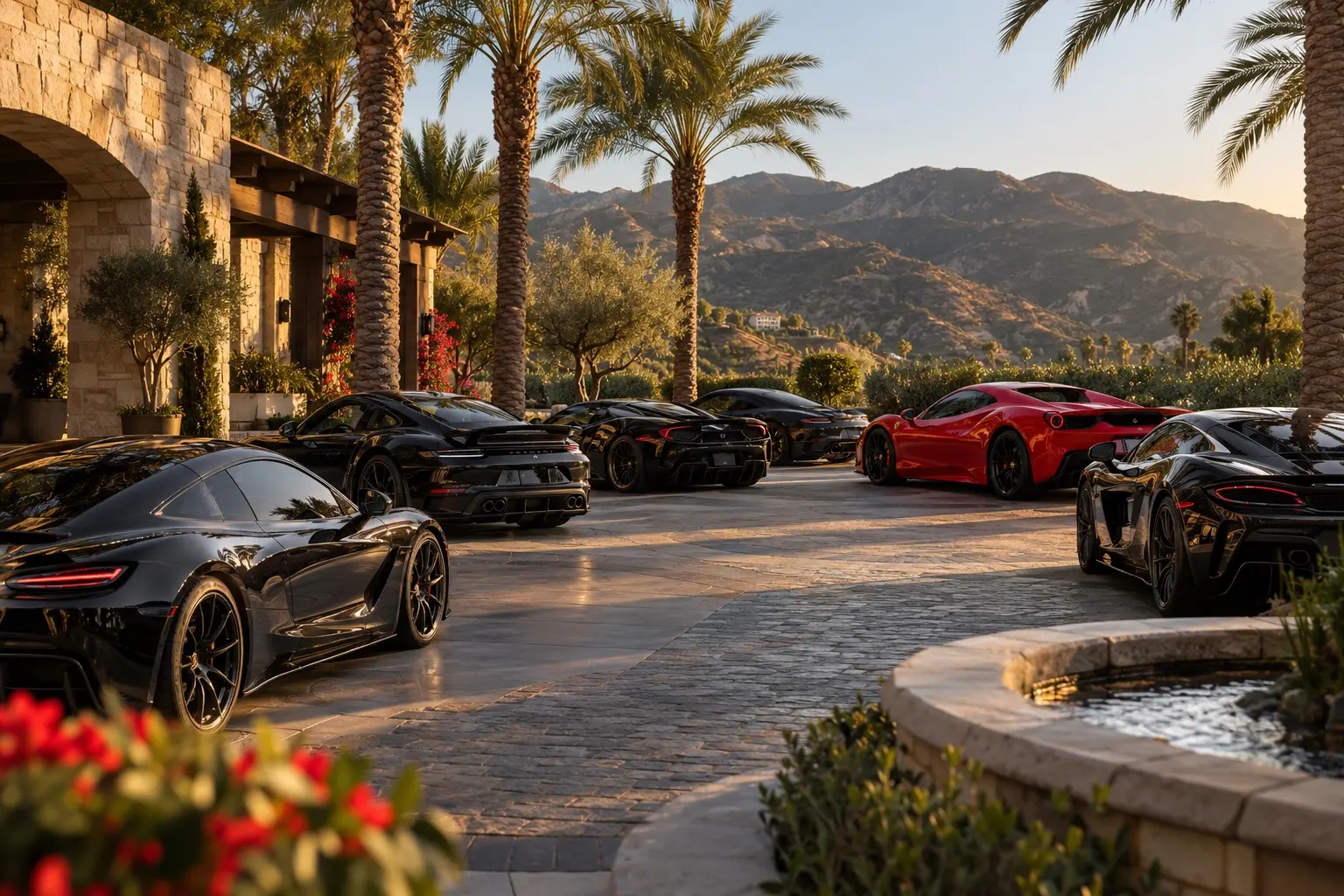Cars parked at an event stop in a palm-lined resort courtyard.