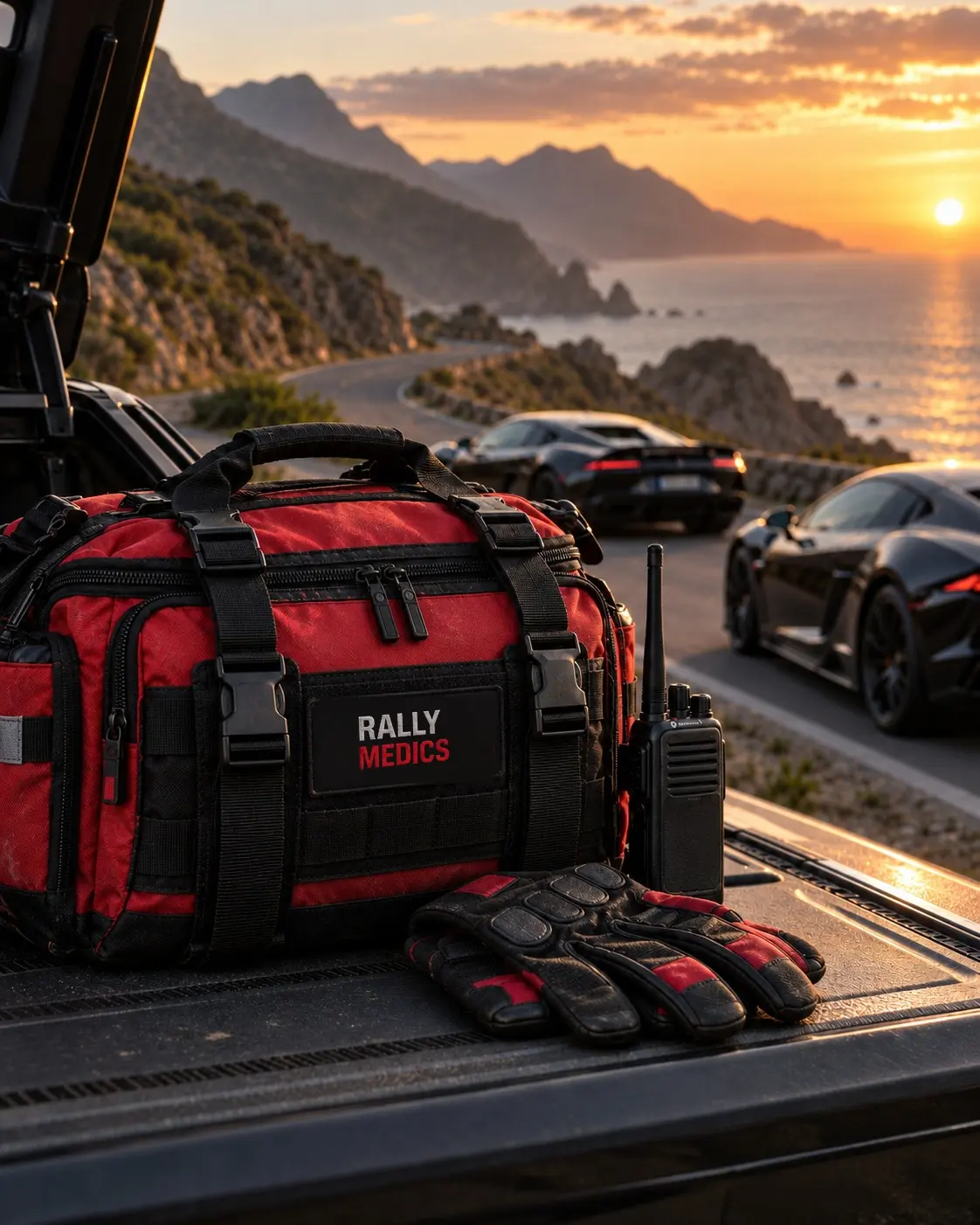 A red Rally Medics kit bag, radio and gloves on the back of a support vehicle, with sports cars on a coastal road at sunset.